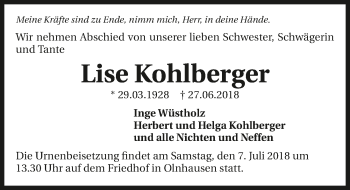 Traueranzeige von Lise Kohlberger 