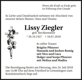 Traueranzeige von Lissy Ziegler 