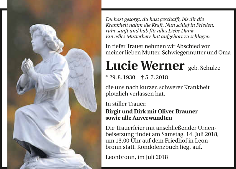  Traueranzeige für Lucie Werner vom 12.07.2018 aus 