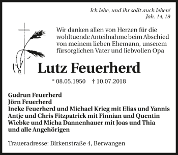 Traueranzeige von Lutz Feuerherd 