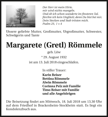 Traueranzeige von Margarete Römmele 