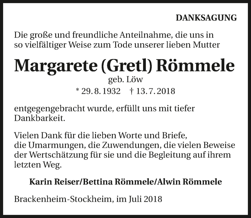  Traueranzeige für Margarete Römmele vom 28.07.2018 aus 