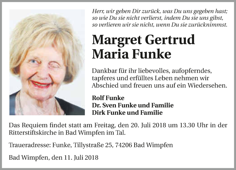  Traueranzeige für Margret Gertrud Maria Funke vom 14.07.2018 aus 