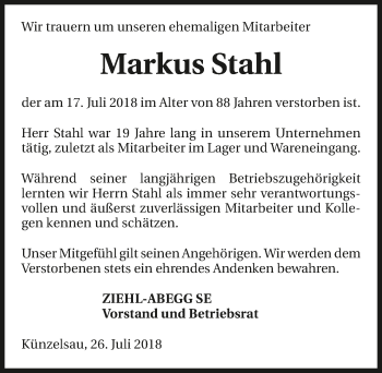 Traueranzeige von Markus Stahl 