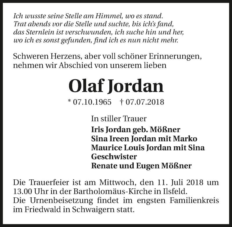  Traueranzeige für Olaf Jordan vom 10.07.2018 aus 