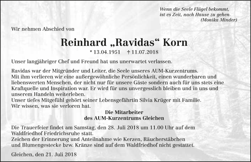  Traueranzeige für Reinhard Korn vom 21.07.2018 aus 