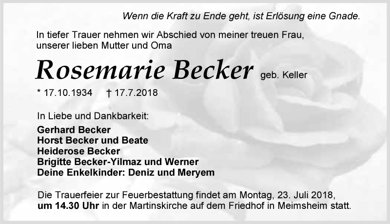  Traueranzeige für Rosemarie Becker vom 19.07.2018 aus 