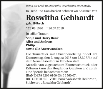 Traueranzeige von Roswitha Gebhardt 