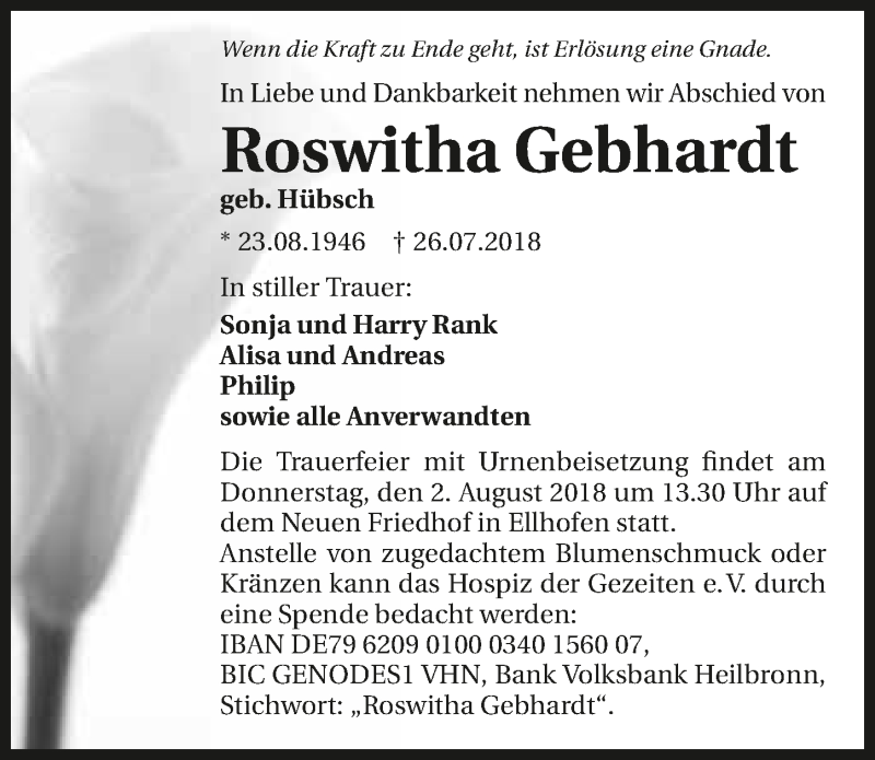  Traueranzeige für Roswitha Gebhardt vom 28.07.2018 aus 