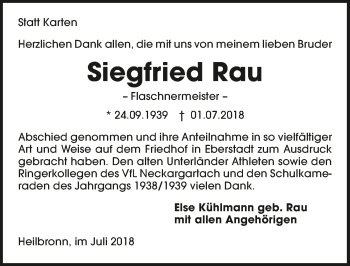 Traueranzeige von Siegfried Rau 