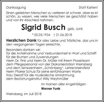 Traueranzeige von Sigrid Busch 