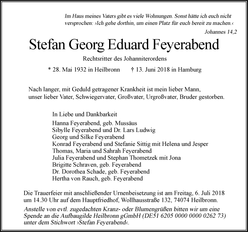 Traueranzeige für Stefan Feyerabend vom 30.06.2018 aus 