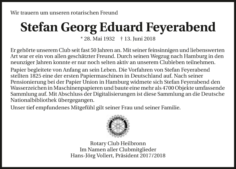  Traueranzeige für Stefan Feyerabend vom 30.06.2018 aus 