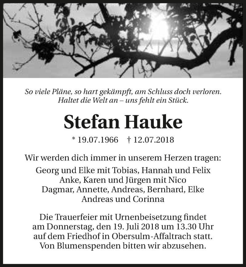  Traueranzeige für Stefan Hauke vom 14.07.2018 aus 