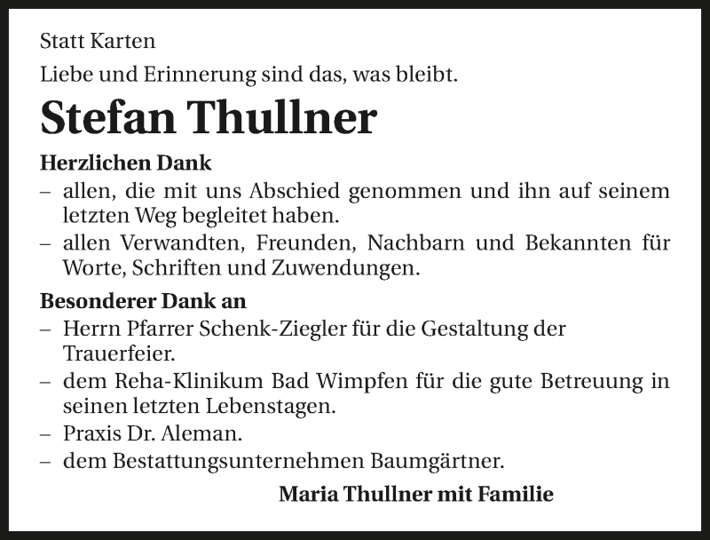  Traueranzeige für Stefan Thullner vom 14.07.2018 aus 