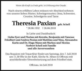 Traueranzeige von Theresia Paxian 
