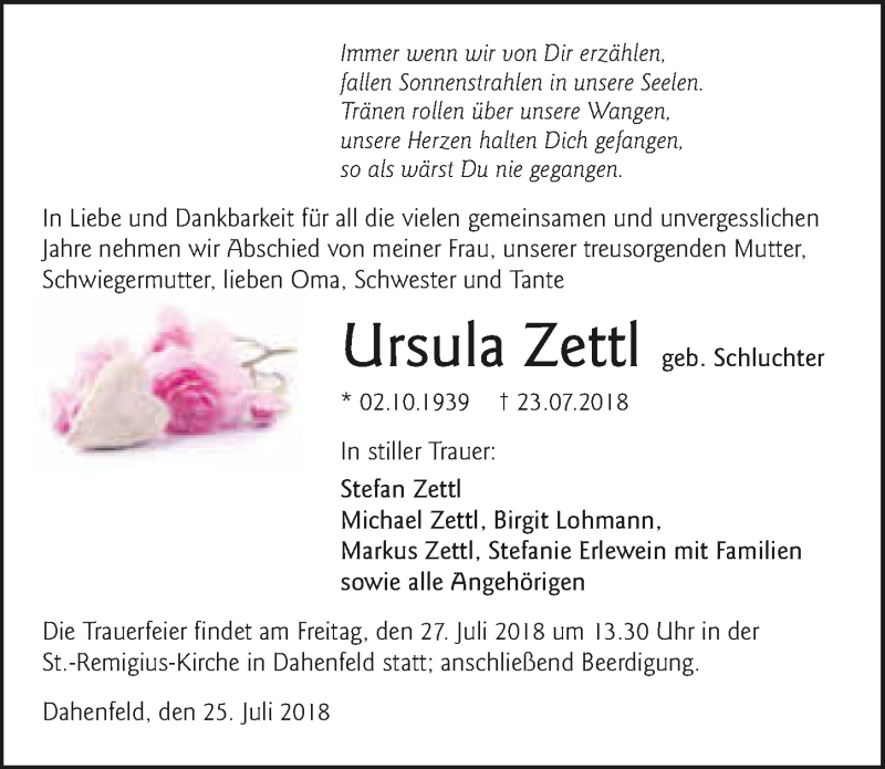  Traueranzeige für Ursula Zettl vom 25.07.2018 aus 