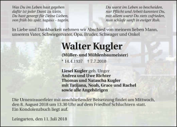 Traueranzeige von Walter Kugler 