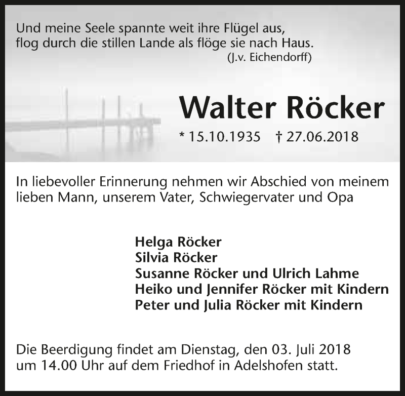  Traueranzeige für Walter Röcker vom 30.06.2018 aus 