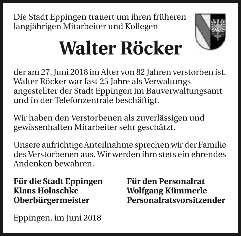 Traueranzeige für Walter Röcker vom 30.06.2018 aus 