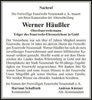 Traueranzeige von Werner Häußler 