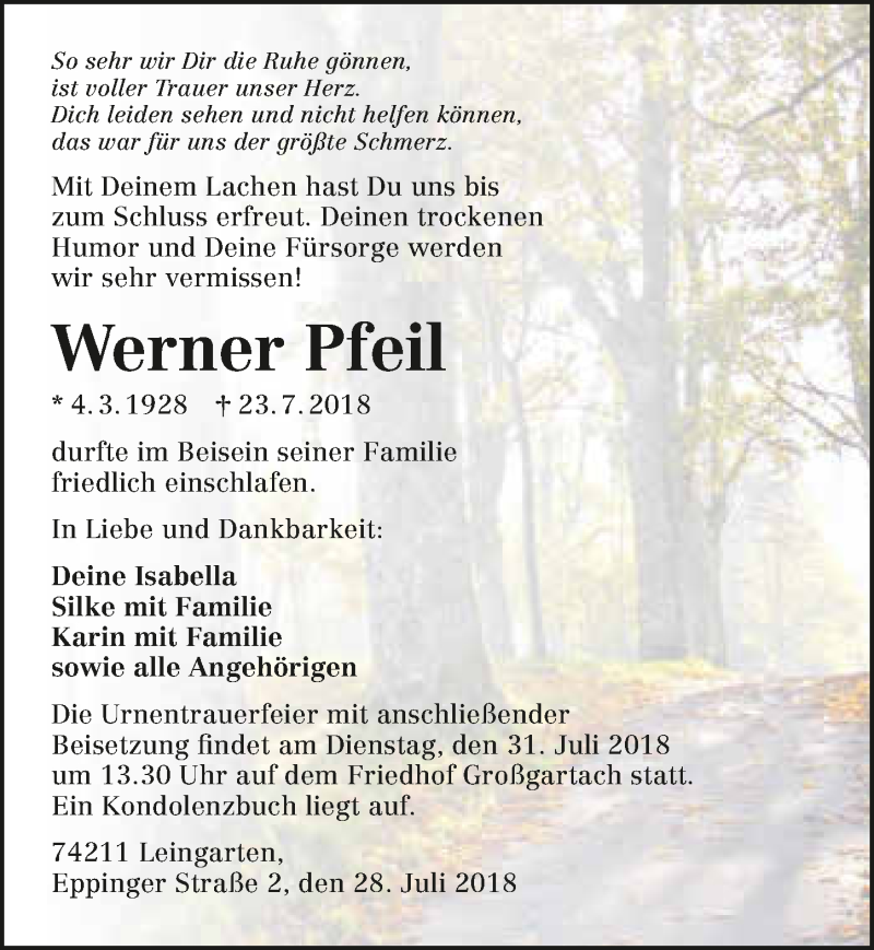  Traueranzeige für Werner Pfeil vom 28.07.2018 aus 
