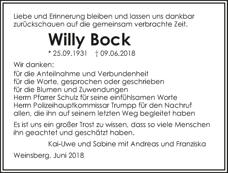  Traueranzeige für Willy Bock vom 30.06.2018 aus 
