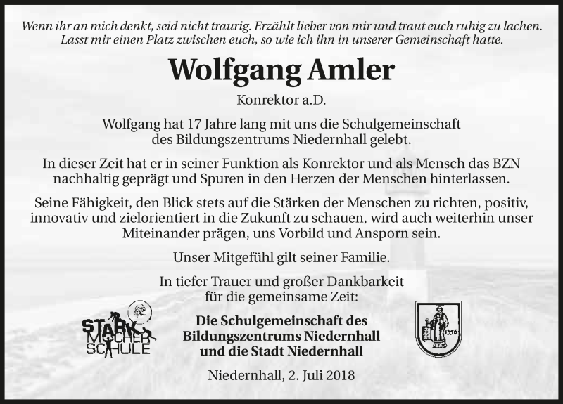  Traueranzeige für Wolfgang Amler vom 02.07.2018 aus 