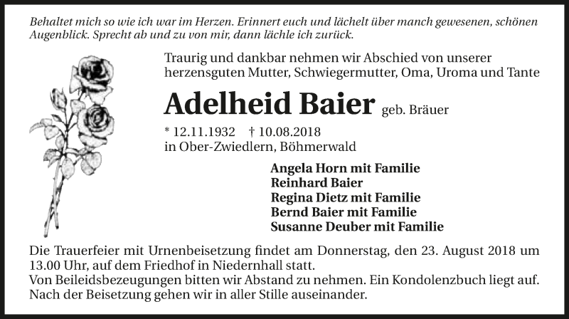  Traueranzeige für Adelheid Baier vom 20.08.2018 aus 