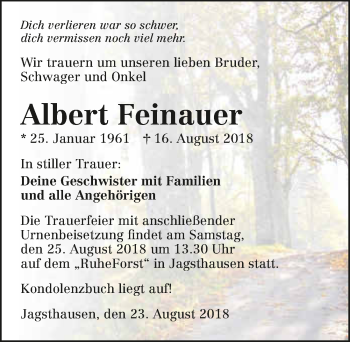 Traueranzeige von Albert Feinauer 