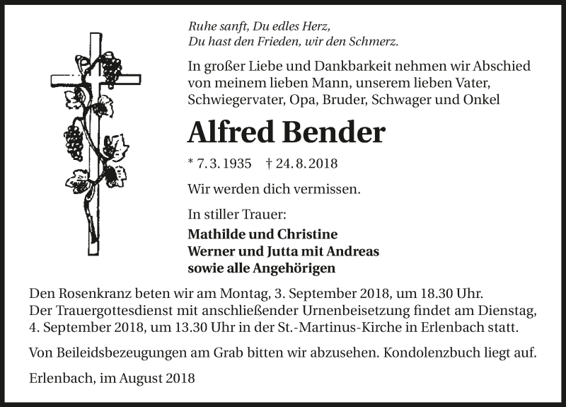  Traueranzeige für Alfred Bender vom 31.08.2018 aus 