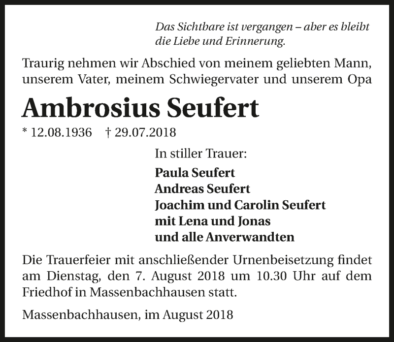  Traueranzeige für Ambrosius Seufert vom 03.08.2018 aus 