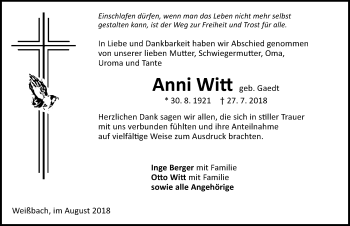 Traueranzeige von Anni Witt 