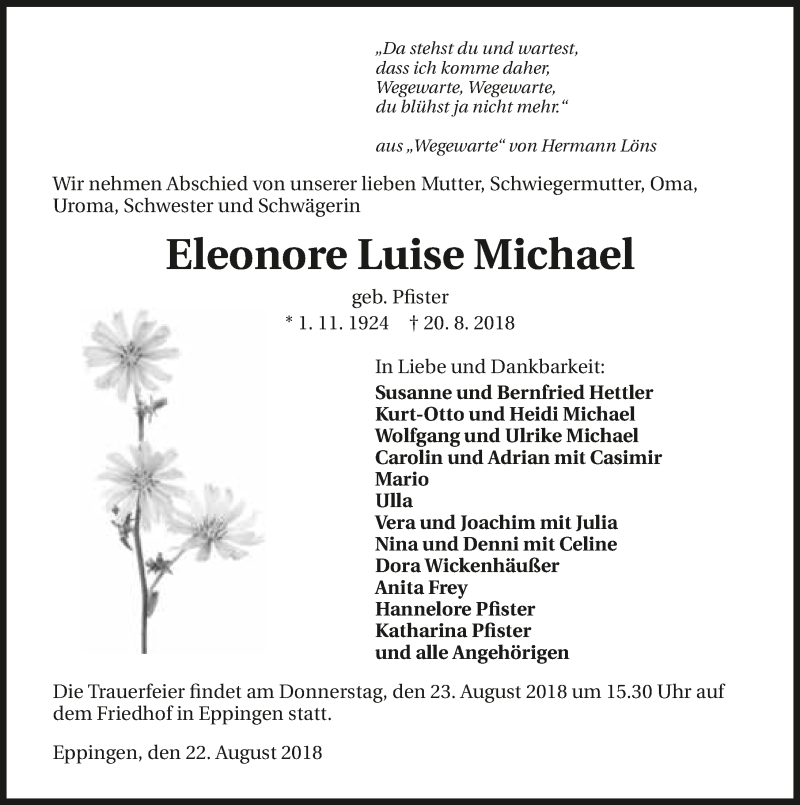  Traueranzeige für Eleonore Luise Michael vom 22.08.2018 aus 