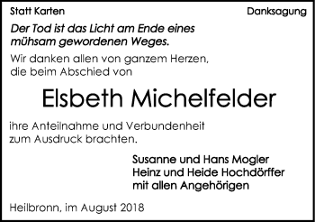 Traueranzeige von Elsbeth Michelfelder 