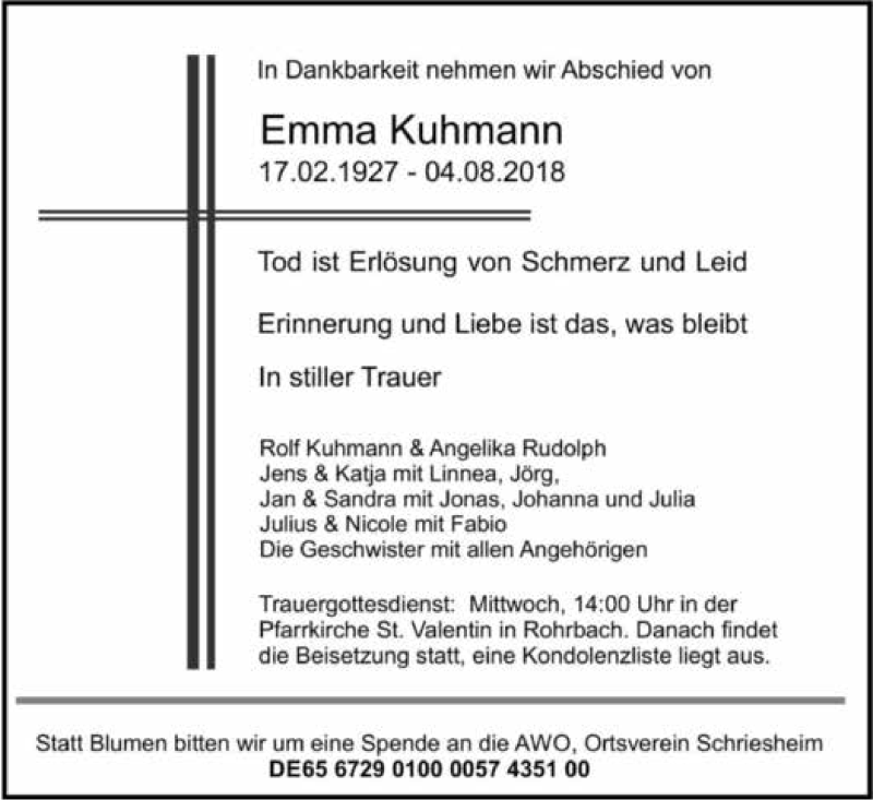  Traueranzeige für Emma Kuhmann vom 11.08.2018 aus 