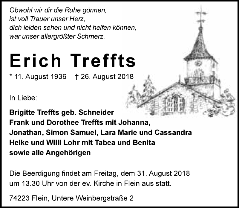  Traueranzeige für Erich Treffts vom 28.08.2018 aus 