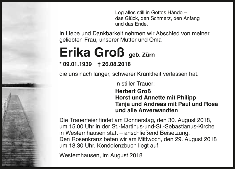  Traueranzeige für Erika Groß vom 28.08.2018 aus 