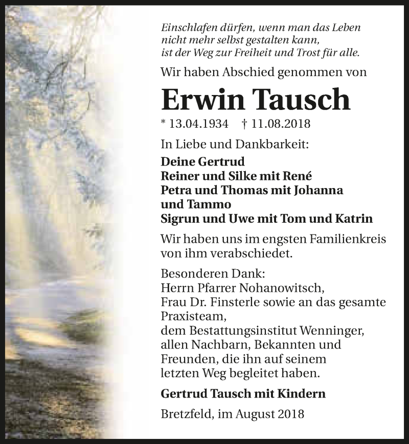  Traueranzeige für Erwin Tausch vom 28.08.2018 aus 