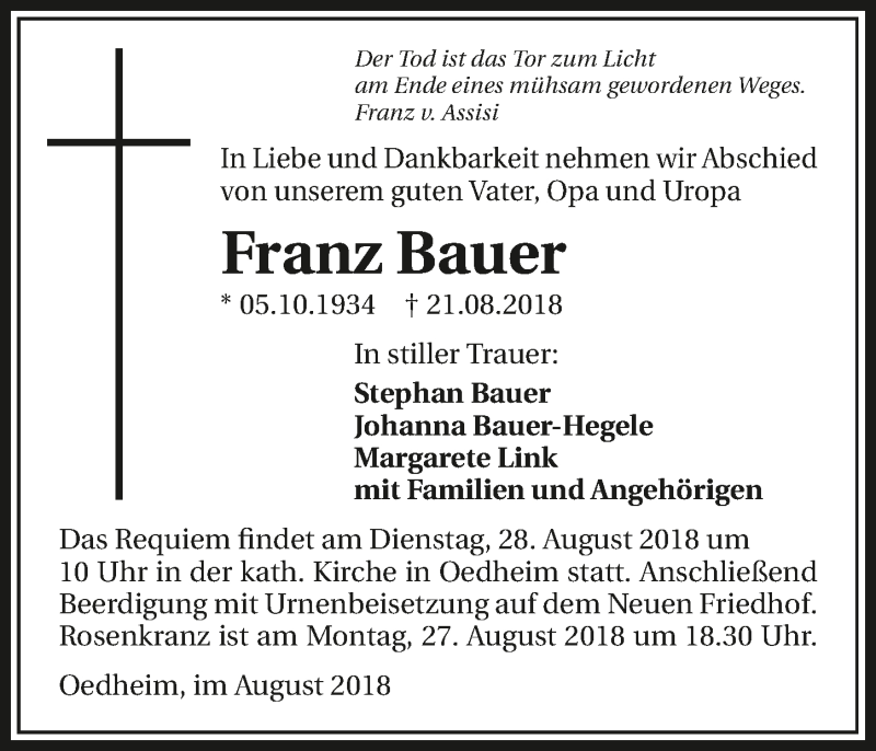  Traueranzeige für Franz Bauer vom 25.08.2018 aus 