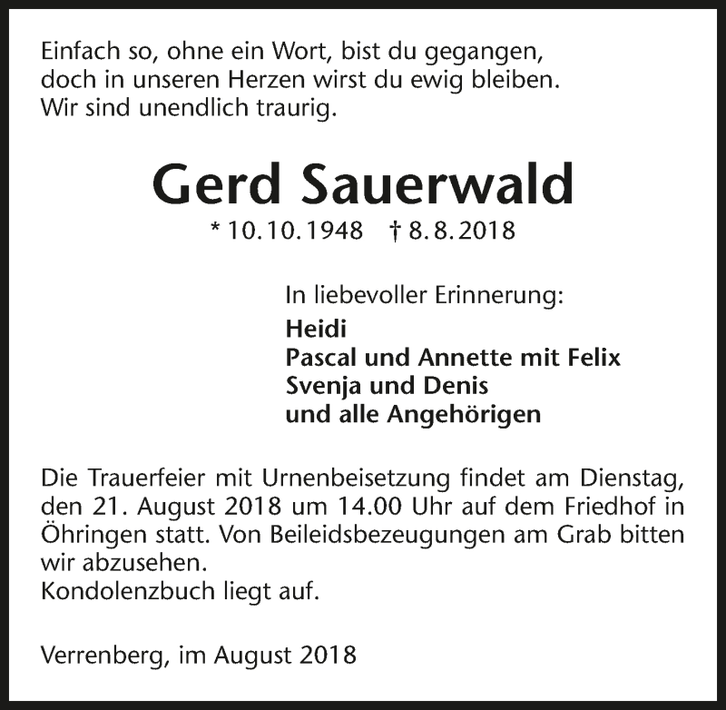  Traueranzeige für Gerd Sauerwald vom 15.08.2018 aus 