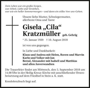 Traueranzeige von Gisela Kratzmüller
