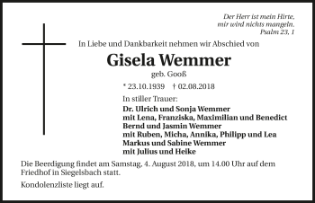 Traueranzeige von Gisela Wemmer 