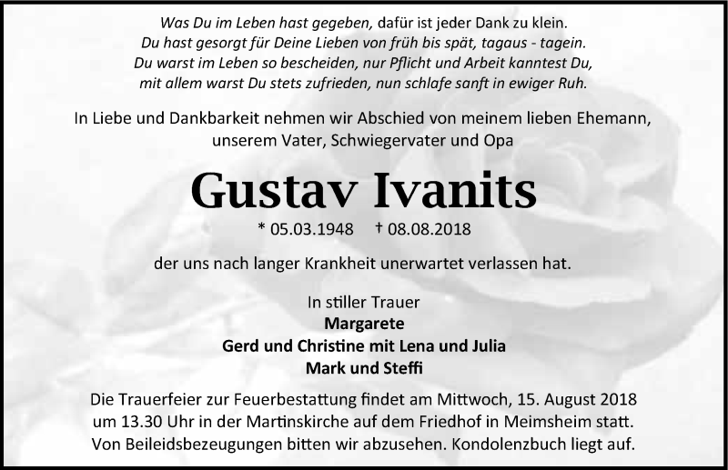  Traueranzeige für Gustav Ivanits vom 11.08.2018 aus 