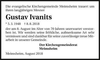 Traueranzeige von Gustav Ivanits 