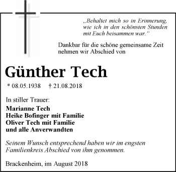 Traueranzeige von Günther Tech 