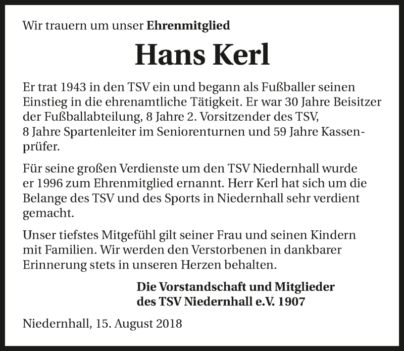  Traueranzeige für Hans Kerl vom 16.08.2018 aus 