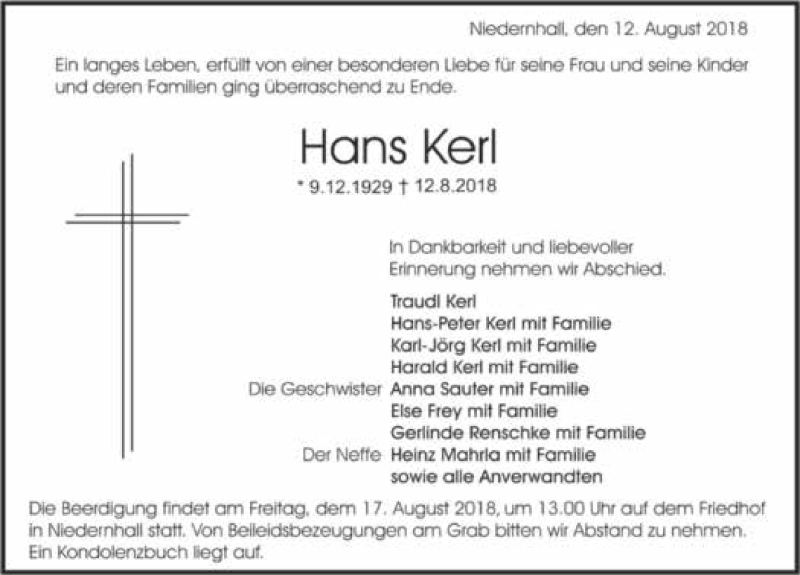  Traueranzeige für Hans Kerl vom 15.08.2018 aus 