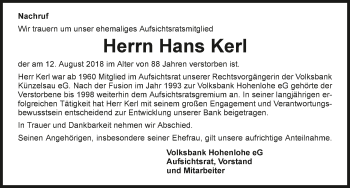 Traueranzeige von Hans Kerl 