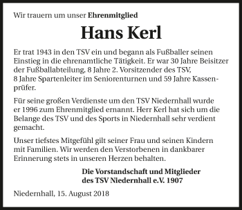 Traueranzeige von Hans Kerl 
